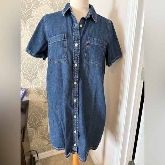 Levi's Classic Blue Denim Shirt Dress distressed hem - Picture 1 of 5